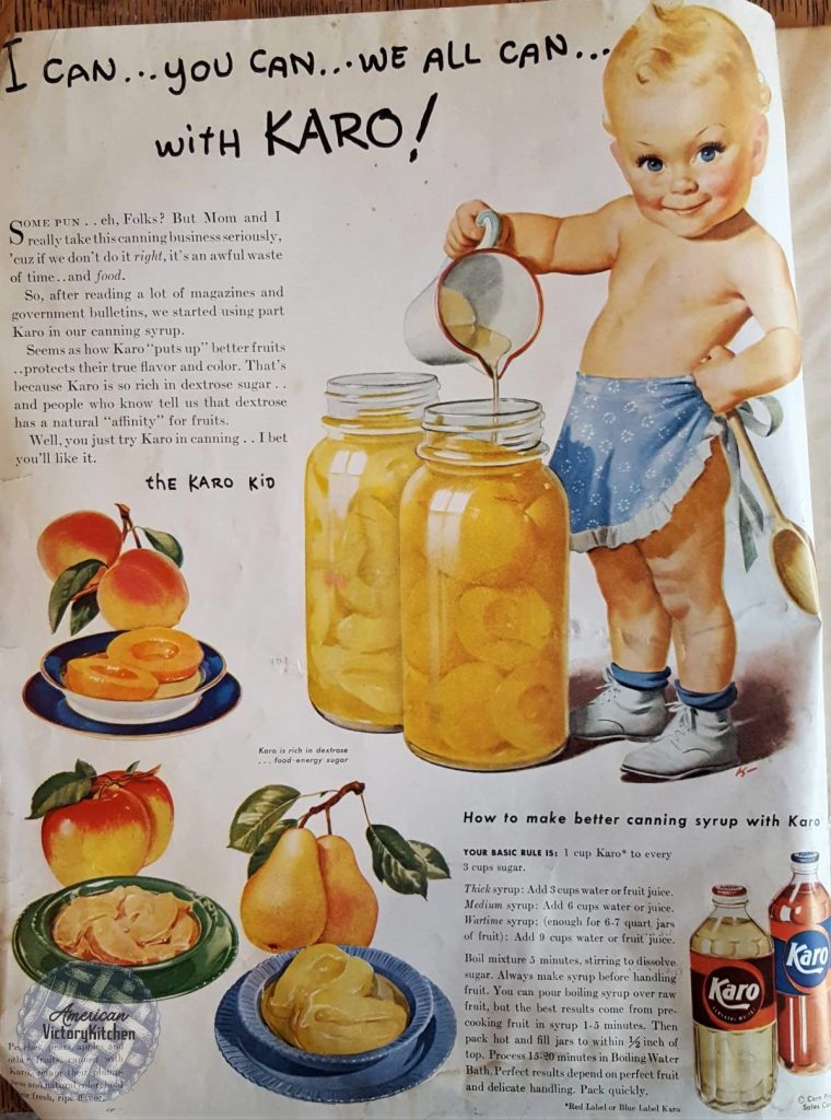ad for Karo corn syrup with Caucasian baby wearing an apron pouring syrup into jar of peaches