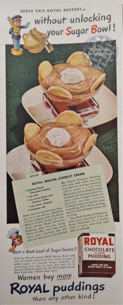 vintage 1942 ad for chocolate royal pudding with a bowl of chocolate pudding and a recipe for royal mocha-chocolate cream