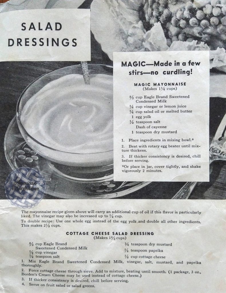 black and white photo of mayonnaise and a salad with recipes for making mayonnaise and cottage cheese salad dressing