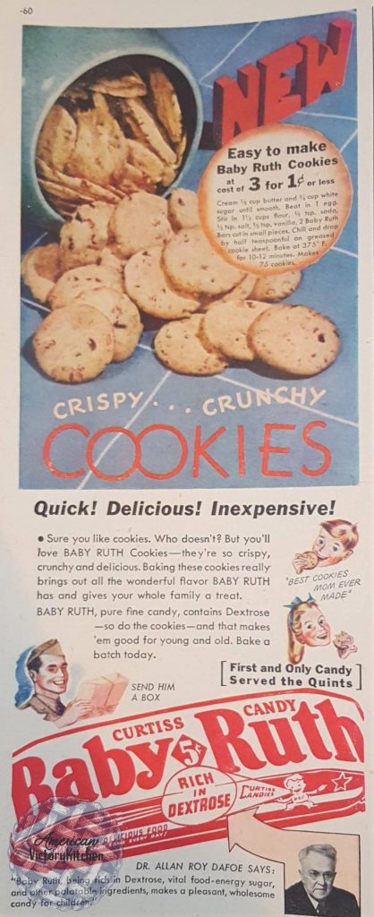 old Baby Ruth ad from World war 2 including a recipe for Baby Ruth Cookies