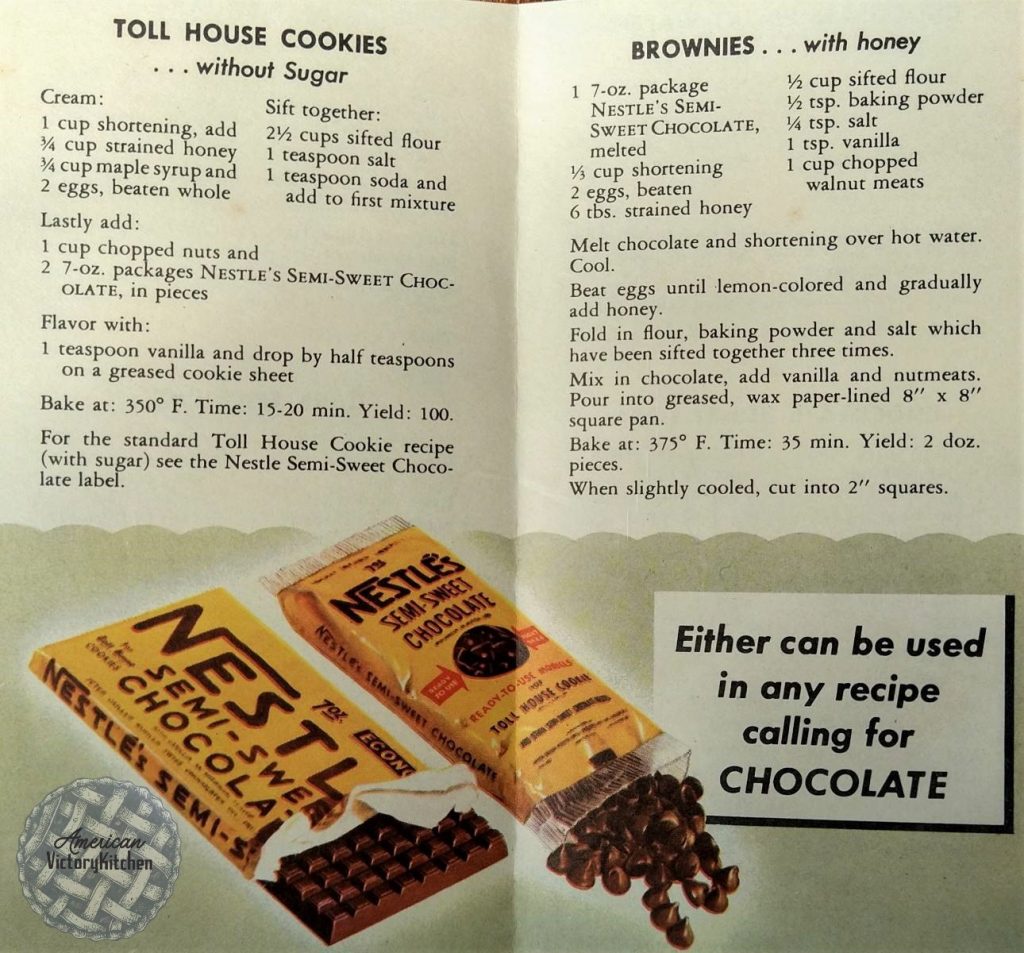 image of old fashioned bags of Nestle's chocolate chips and chocolate chip cookie recipe and brownie recipe