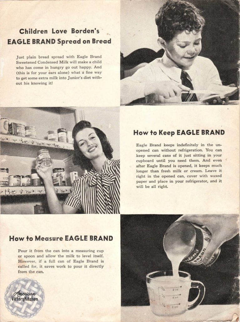 vintage cookbook back cover for Eagle Brand sweetened condensed milk with demonstration of how to measure the milk