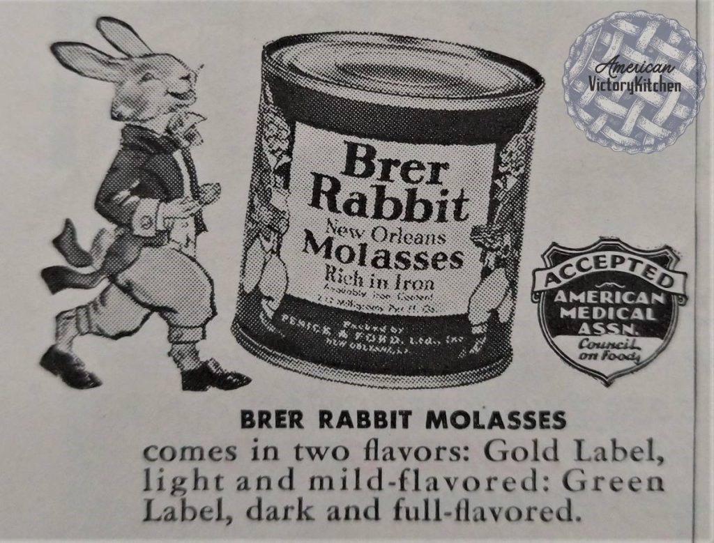 black and white ad of rabbit in clothes next to a can of Brer Rabbit brand New Orleans molasses