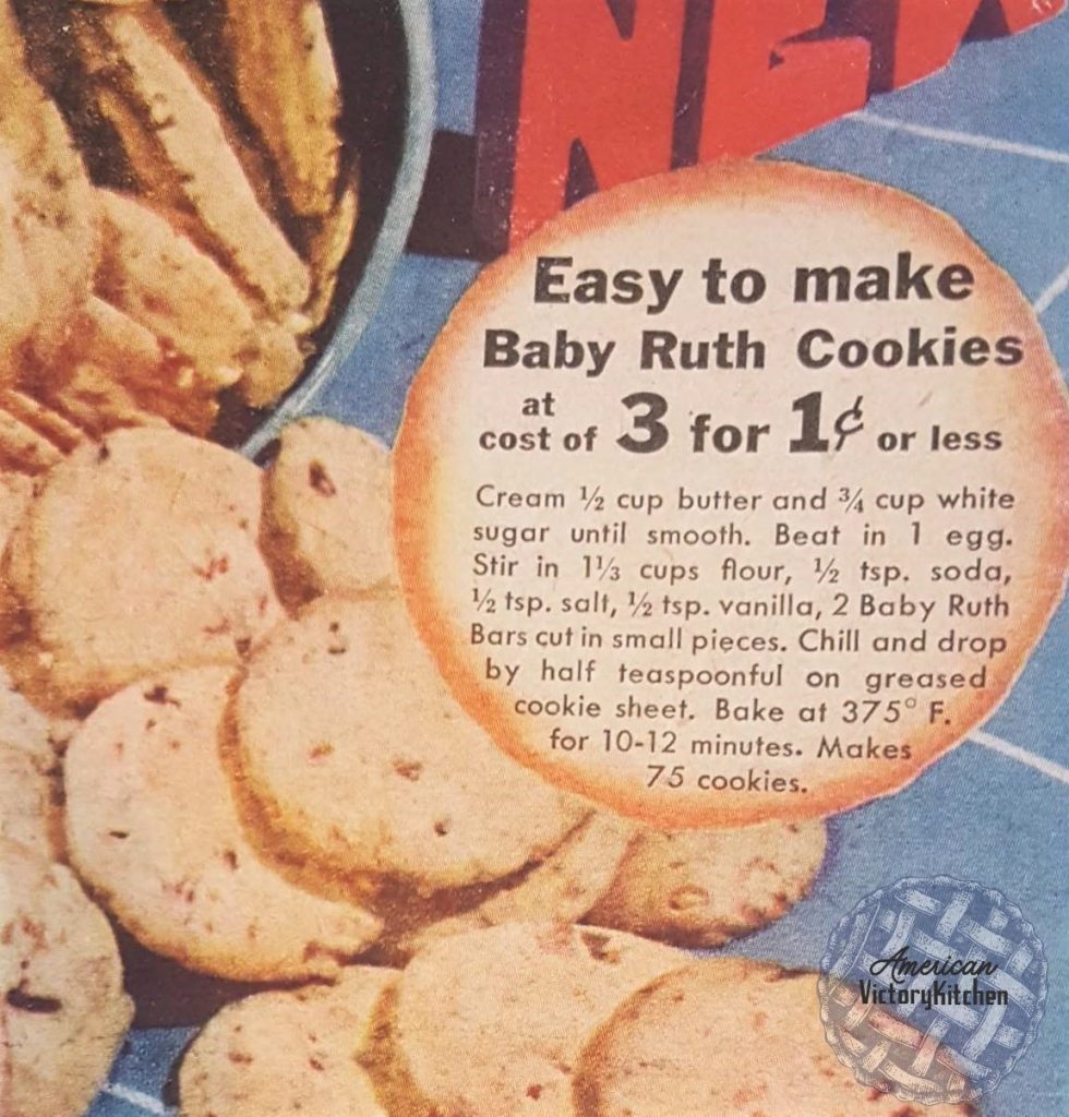 close up of cookie ad with recipe for Baby Ruth cookies