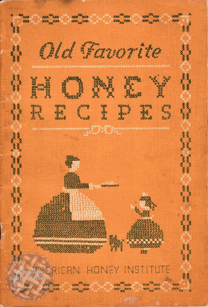 vintage cover for Old Favorite Honey Recipes with cross-stitched image of a mother and little girl