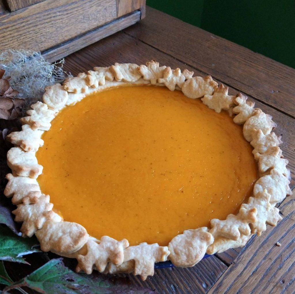 squash pie with decorative pie crush surrounded by autumn foliage on a wooden table