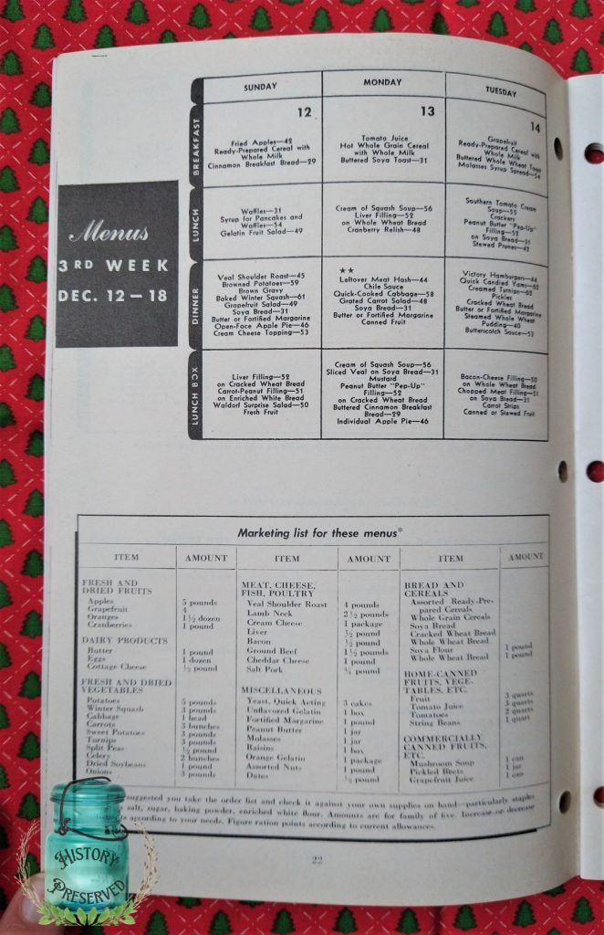 old book showing menu suggestions inside on Christmas fabric
