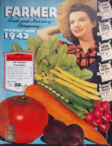a woman holds a straw hat to her head. A large group of vegetables take up half of the cover. The title reads "Farmer Seed Company, 1942"
