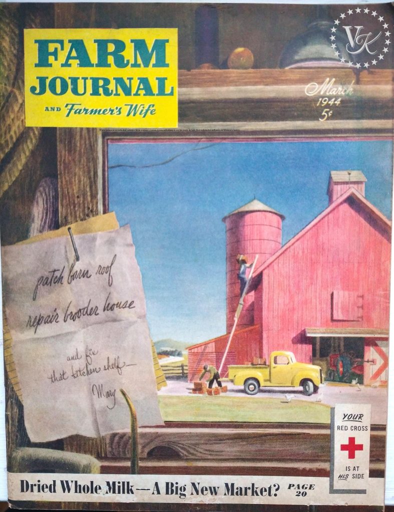 magazine cover for the Farm Journal and Farmer's Wife magazine from March 1944 features two farmers loading hay into a barn loft from the back of an old pickup truck