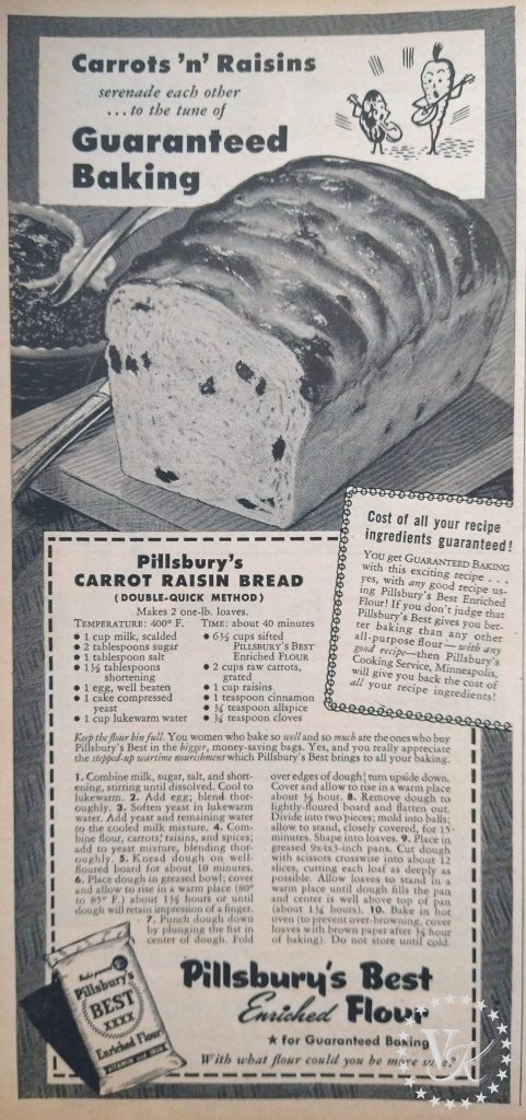 old-fashioned Pillsbury flour ad for Carrot Raisin Bread. A cut open loaf of the bread sits on a cutting board